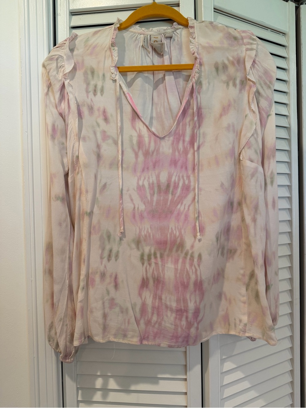dolan Light Pink and Sage Tie-Dye Ruffle V-Neck Long Sleeve Top